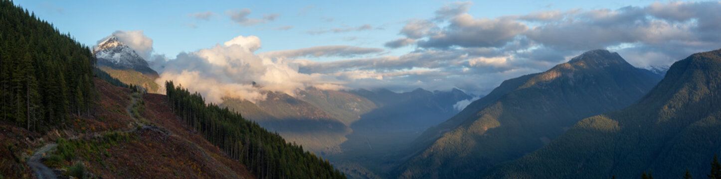 Beautiful Aerial Panoramic Landscape of Canadian Mountains during a cloudy sunset in Fall Season. Taken near Chilliwack, East of Vancouver, BC, Canada.