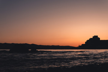 sunset over the city of Krasnoyarsk. sunset on the river.