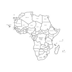 Vector illustration of Africa black outline map with countries. Vector map.