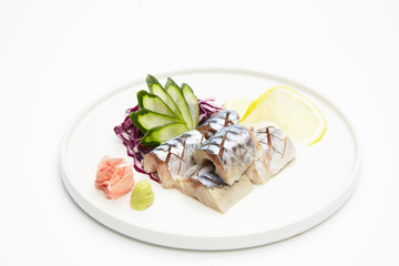 Saba sashimi , raw mackerel on a plate on white background.