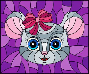 Illustration in stained glass style with cartoon  mouse head on a purple background 