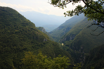 Gorge between mountains overgrown with forest
