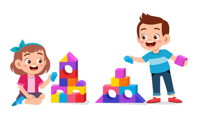happy cute kids play brick block together