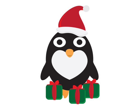 Cute Cartoon Penguin with Santa Hat and Green Red Gifts