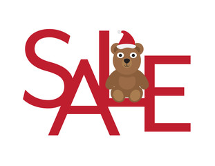Christmas Sale - Cute Bear with Santa Hat Sitting on Red Letters