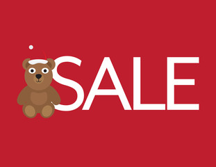 Christmas Sale - Cute Bear with Santa Hat and White Letters on Red Background