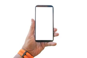 hand holding black phone with white screen isolated on white background of file with Clipping Path .