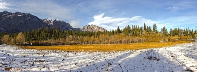 Wide Panoramic Landscape of Snowy Meadows, Aspen Trees and Distant Mountains at Alberta Foothills of Canadian Rockies on a Sunny October Day