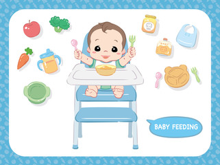 Baby eating food. Characters and related items. Vector illustration.