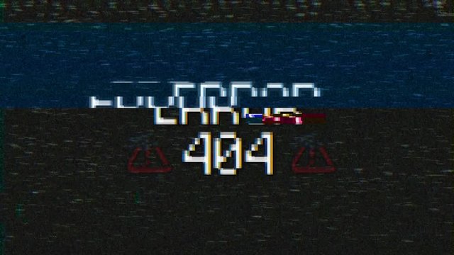 Video animation of a monitor screen with noise and the message error 404. Generated with glitch effect. Abstract background.