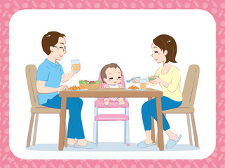 Young parents, mom and dad and their baby eating together. Vector illustration.
