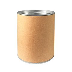Cardboard Box in cylinder shape and steel cap isolated on pure white background. Aluminum jar for snack packaging. ( Clipping path )