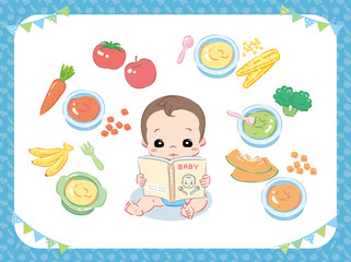 Baby reading a guide book of baby feeding. Character and vegetables, puree. Vector illustration.