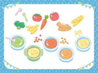 Baby food. Puree, fruits and vegetables. Vector illustration.