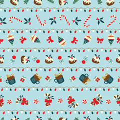 Christmas seamless pattern with sweet desserts arranged in stripes line with christmas lights. Cute holiday vector illustration.