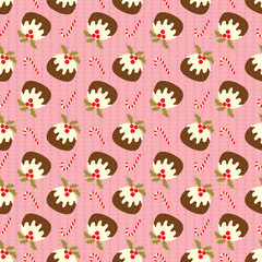 Christmas seamless pattern with pudding and candy cane on pink polka dots background. Cute holiday vector illustration.