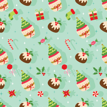 Christmas seamless pattern with pudding, cupcake, taffy, candy cane, socks, gift, etc&hellip; on shadow background. Cute holiday vector illustration. 