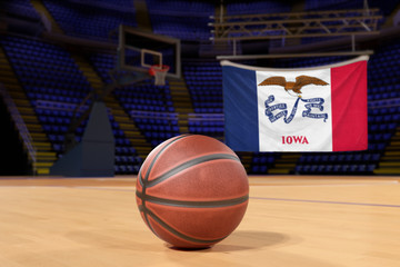 Naklejka premium Iowa state flag and basketball on Court Floor
