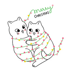 Cartoon cute Christmas Couple cat hugging vector.