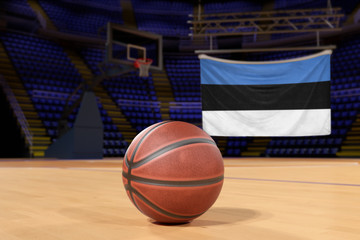 Estonia flag and basketball on Court Floor