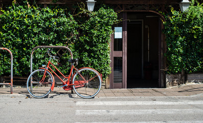 Fototapeta na wymiar Red bike in front of Italian restaurant. Green foliage and door. I