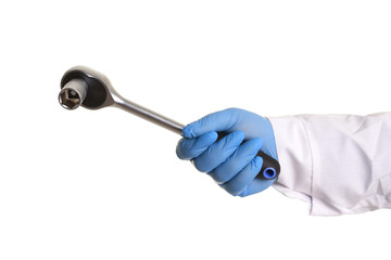 The key for the car repair man holding in his hand. Isolated on white.