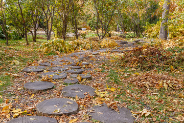 A path in the park made of sawn tree trunks, strewn with autumn foliage