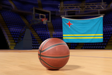 Aruba flag and basketball on Court Floor