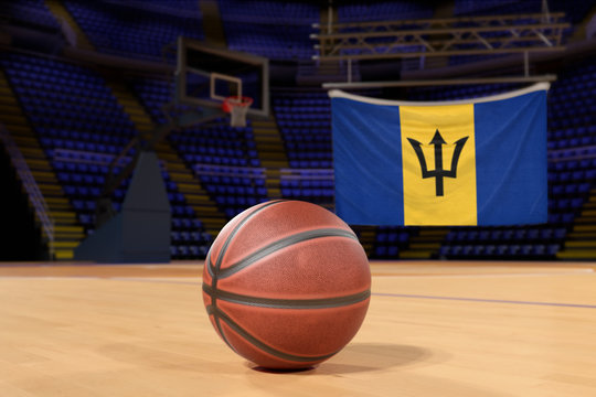 Barbados flag and basketball on Court Floor - Powered by Adobe