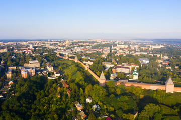 Towers of Smolensk fortress wall. The southern wall of the Smolensk Kremlin and a panorama of the city of Smolensk from a flight height, Russia.