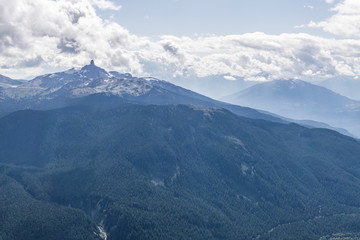 blackcomb mountain peak panorama view cloudy sky summer time.