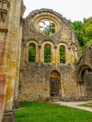 Obraz premium Orval Abbey Ruins next to the new Trappist Cistercian Orval Abbey, Abbaye Notre-Dame d'Orval in Villers-devant-Orval, Province of Luxembourg, Belgium