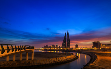 Beautiful Bahrain skyline during sunrise.	