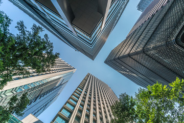 Tokyo Cityscape. Low angle view of skyscraper buildings scenery. Marunouchi district, Tokyo, Japan