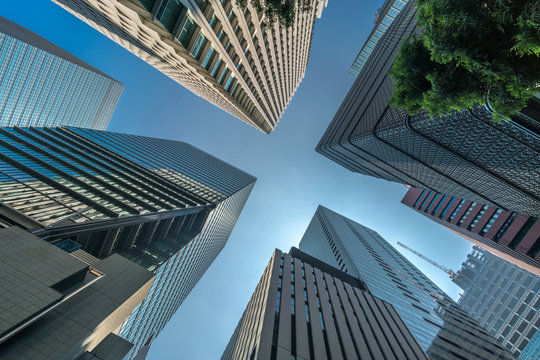 Tokyo Cityscape. Low angle view of skyscraper buildings scenery. Marunouchi district, Tokyo, Japan