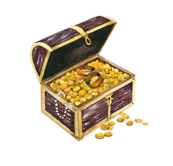 Watercolor illustration. Pirate Chest with Gold and Jewels. Pirates, treasures, chest. Advertising, money, treasure.