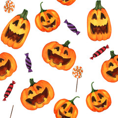 Watercolor pattern with scary pumpkins, seamless pattern. Happy Halloween holiday elements. Autumn pattern, wrapping paper. Pumpkins, candles, sweets oh white background. 