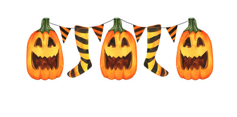 Composition of pumpkins and a garland of flags and striped socks. Scary pumpkins. Happy Halloween. Autumn holiday.