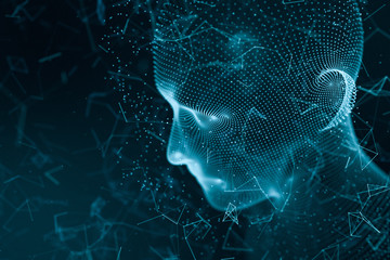 Human head made up of technological lines with the concept of Artificial Intelligence, 3D rendering.