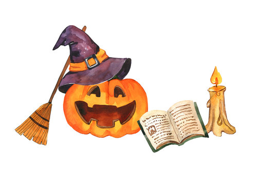 Orange pumpkins with smiles on a white background. Postcard, template for advertising. Autumn holiday. Happy Halloween. Composition of scary pumpkin in witch's hat, with a broom and a magic book.