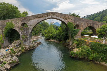 Cangas de Onis, Spain. A scenic view of "Roman" Bridge over the River Sella