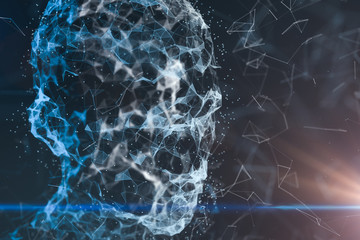 Human head made up of technological lines with the concept of Artificial Intelligence, 3D rendering.