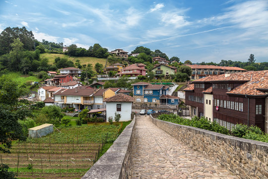 Cangas de Onis, Spain. A scenic view of the city from the "Roman" bridge