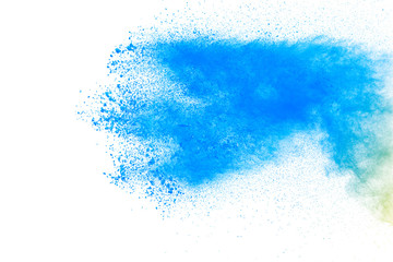 Bizarre forms of blue powder explode cloud on white background. Launched blue dust particles splashing.