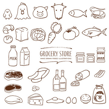 スーパーマーケットの食料品 手描き イラスト 線画