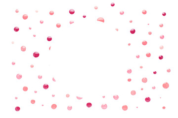 Nail polish drops pattern with blank frame in center in nude pink, peach, red colors. Abstract paint circles background for beauty and fashion, copy space