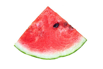 Single piece of fresh watermelon in form of triangle with red ripe juicy pulp and seeds isolated on white background without shadow