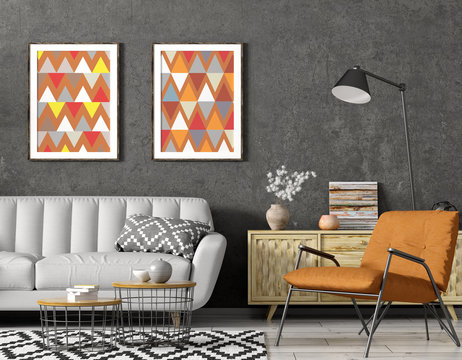 Modern interior design of living room with grey sofa, floor lamp and orange armchair 3d rendering