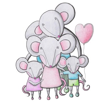 Rats family illustration. Mice Parents with kids cartoon characters.