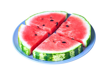 Set of four pieces of fresh watermelon in form of triangle with red ripe juicy pulp and seeds lies on round ceramic plate isolated on white background without shadow